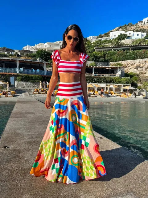 Print Beach Vacation Fashion Leaky Waist Crop Tops Long Dress Casual  Skirt Set