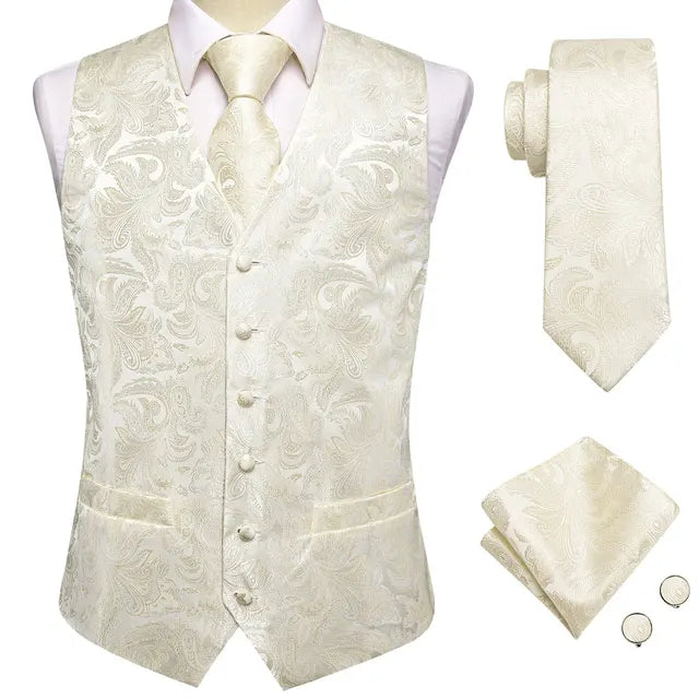 Solid Silk  Suit Vests 4PC Woven Waistcoat Tie Pocket Square Cufflinks