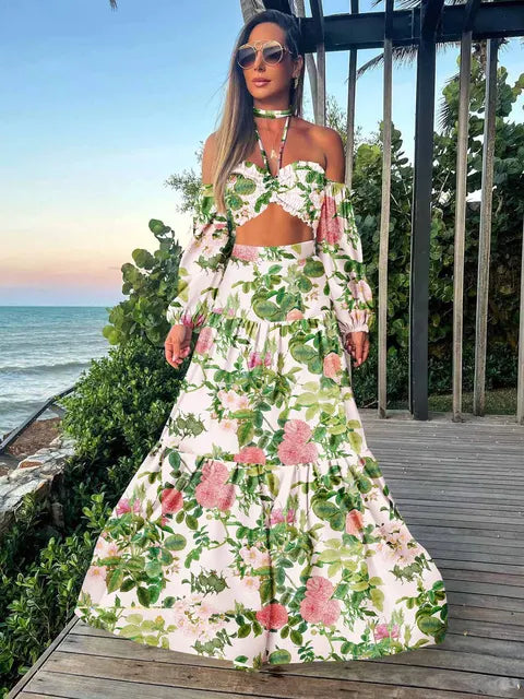 Print Beach Vacation Fashion Leaky Waist Crop Tops Long Dress Casual  Skirt Set