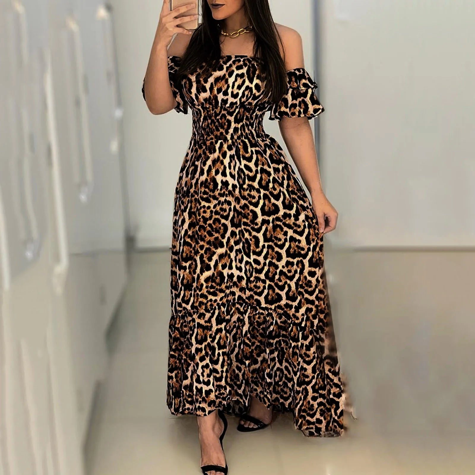 Summer Off Shoulder Leopard Print  Maxi Dress