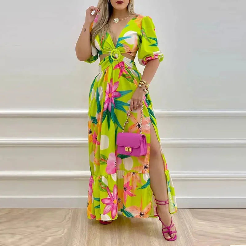 2024 Summer New Backless Elegant V-Neck Split Vintage Print Short-Sleeved  Dress