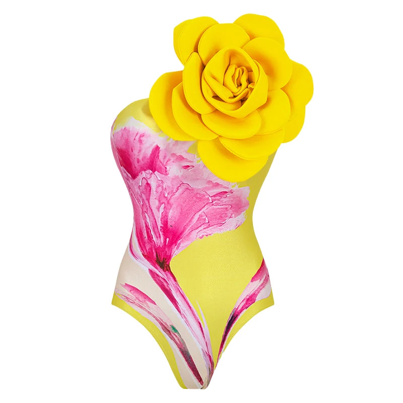 2024 3D Flower Printed One Piece Swimsuit Set