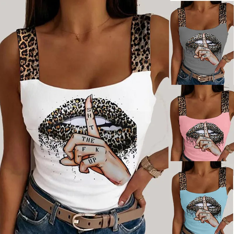 Leopard Lips Print Sleeveless Tank Tops