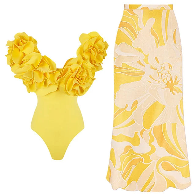 2024 3D Flower Printed One Piece Swimsuit Set