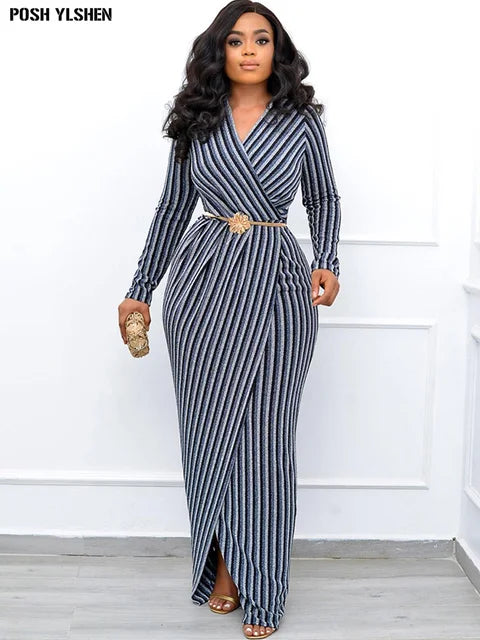 Filigree Stripe Sexy V-neck High Slit Long Bodycon Dress