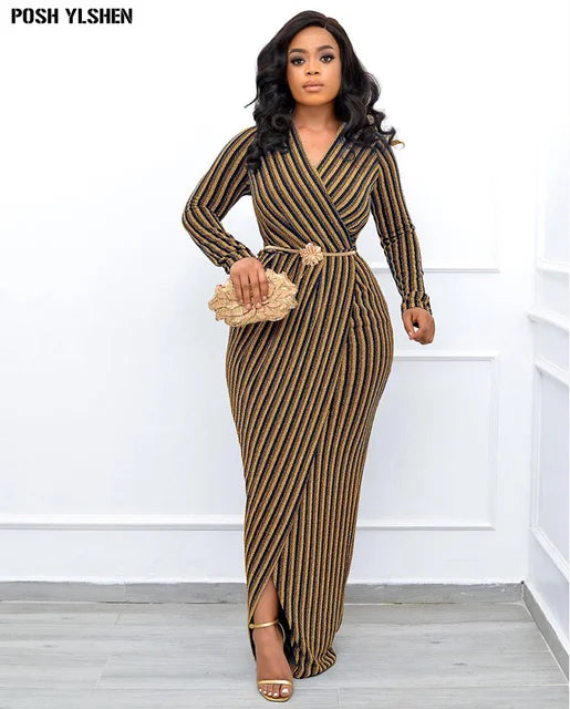 Filigree Stripe Sexy V-neck High Slit Long Bodycon Dress