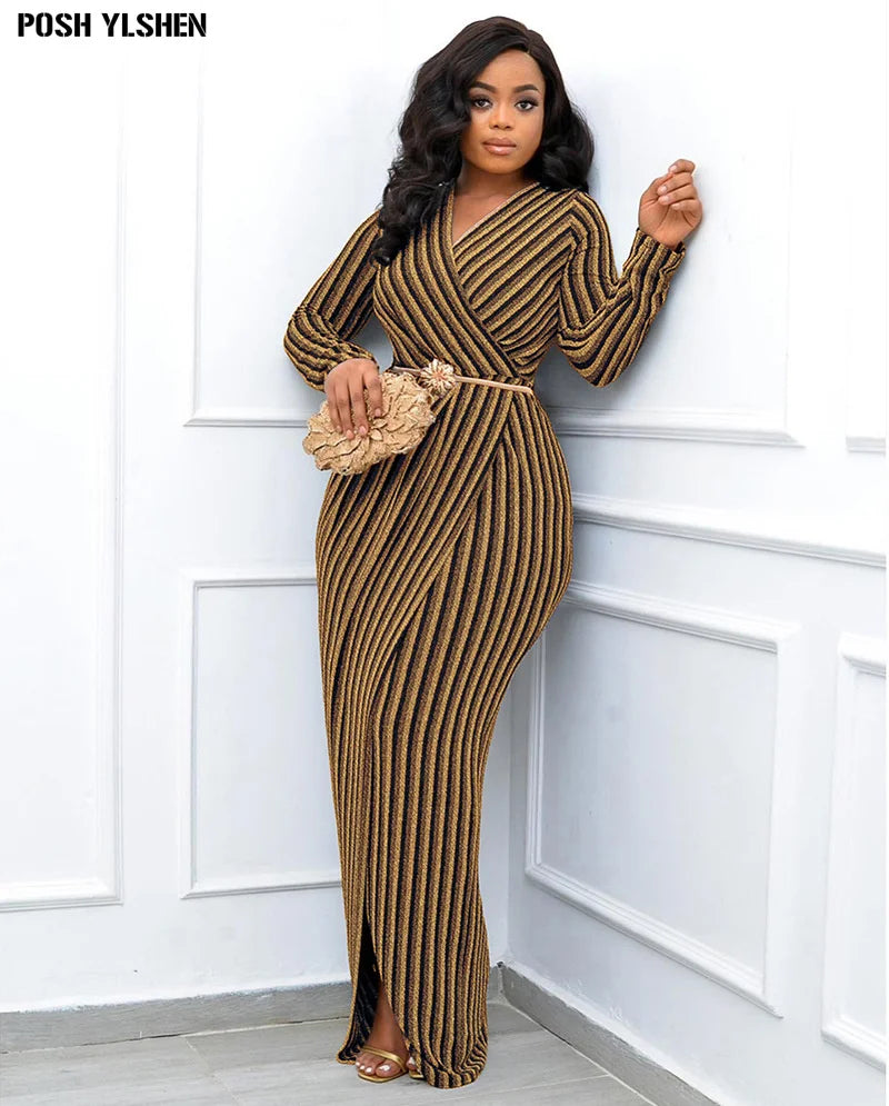 Filigree Stripe Sexy V-neck High Slit Long Bodycon Dress