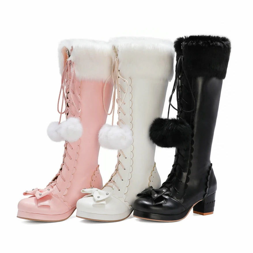 Winter Warm Fur Neck Girls Cosplay Lace Up Bowtie Chunky Heel Side Zipper Boot