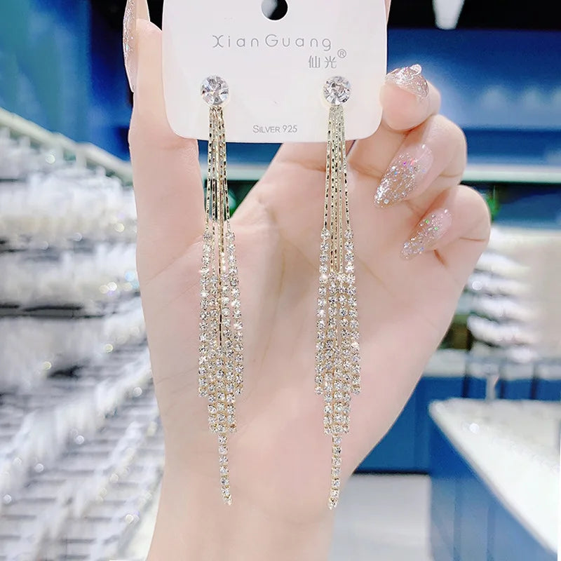 Clear Rhinestone Long Tassel Earrings