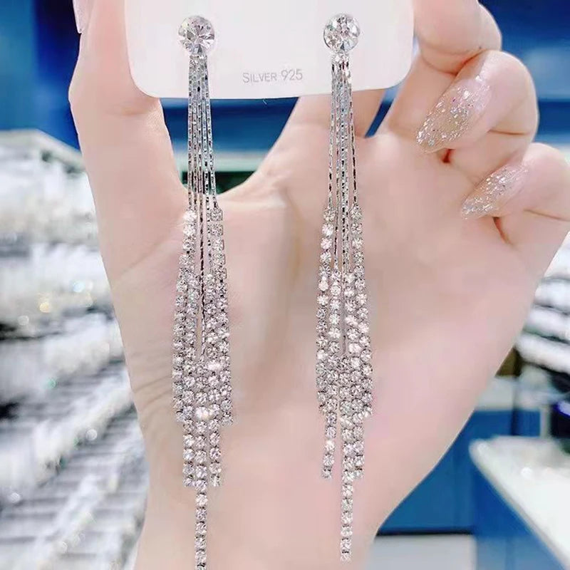 Clear Rhinestone Long Tassel Earrings