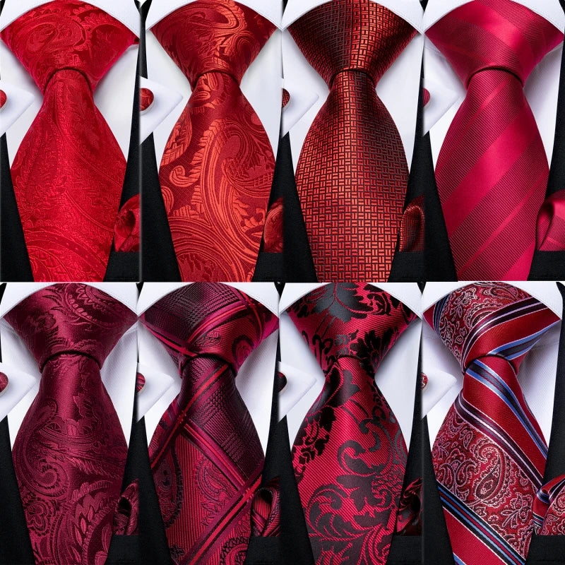 Red  Solid Striped Paisley Neckties Hanky Cufflinks Set For Men