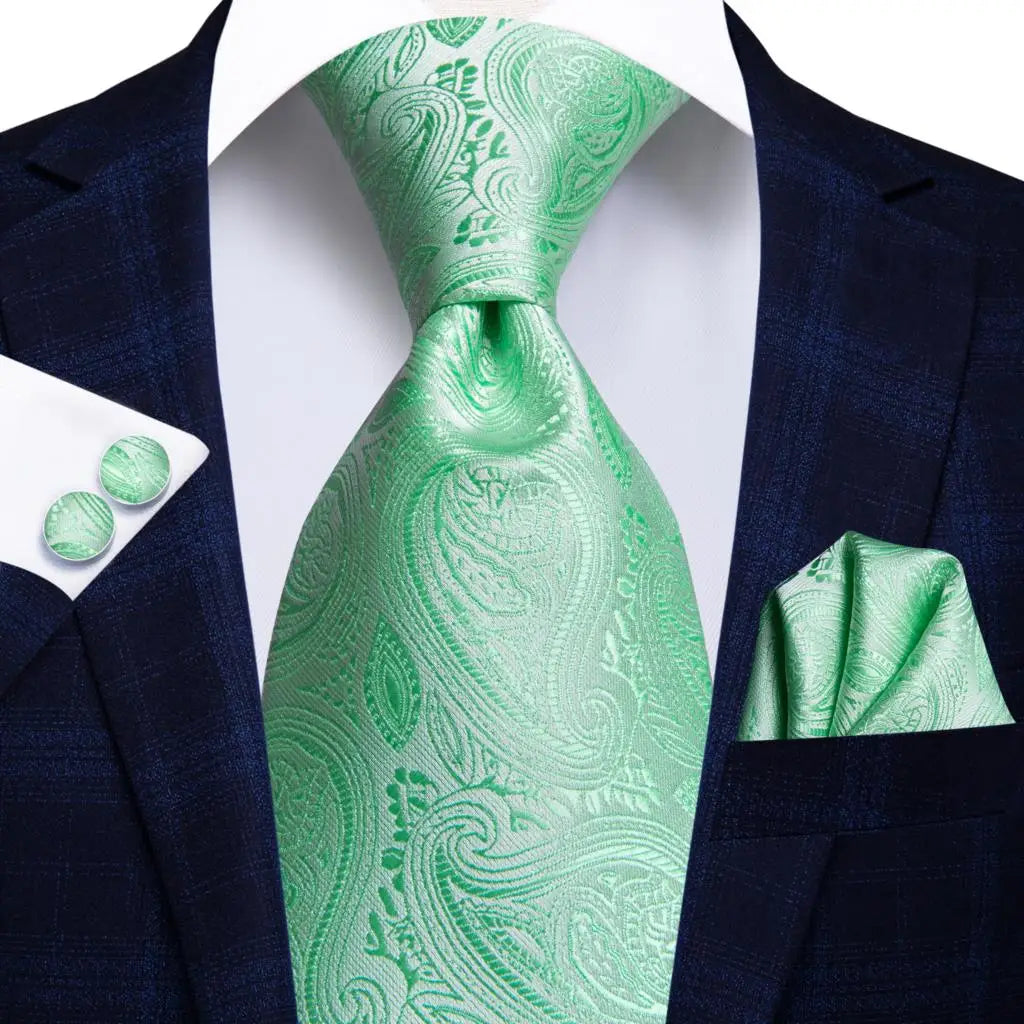 Men Green Ties Floral Tie Paisley Silk Necktie Pocket Square Set