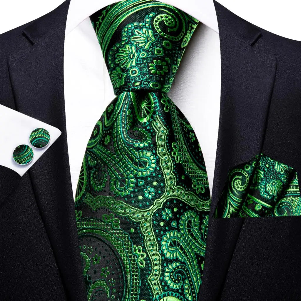 Men Green Ties Floral Tie Paisley Silk Necktie Pocket Square Set