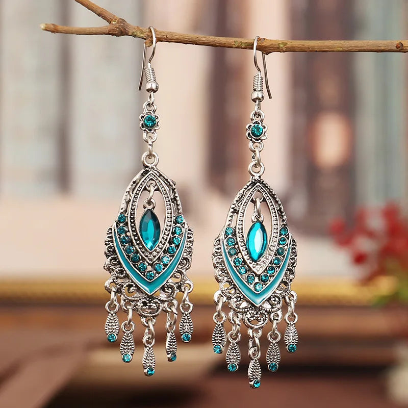 Bohemian Ethnic Long Blue Acrylic Crystal Water Drop Earrings