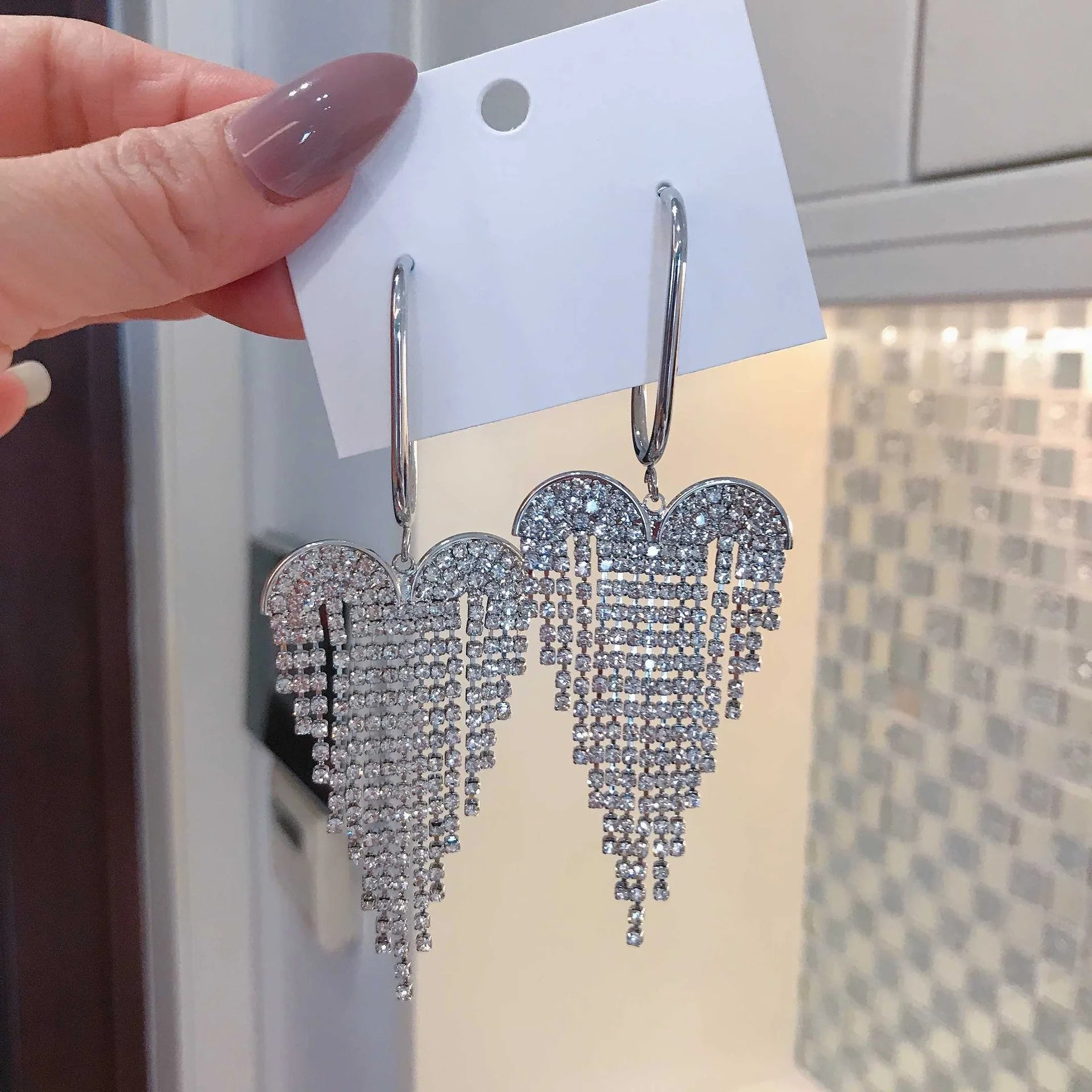 Clear Rhinestone Long Tassel Earrings