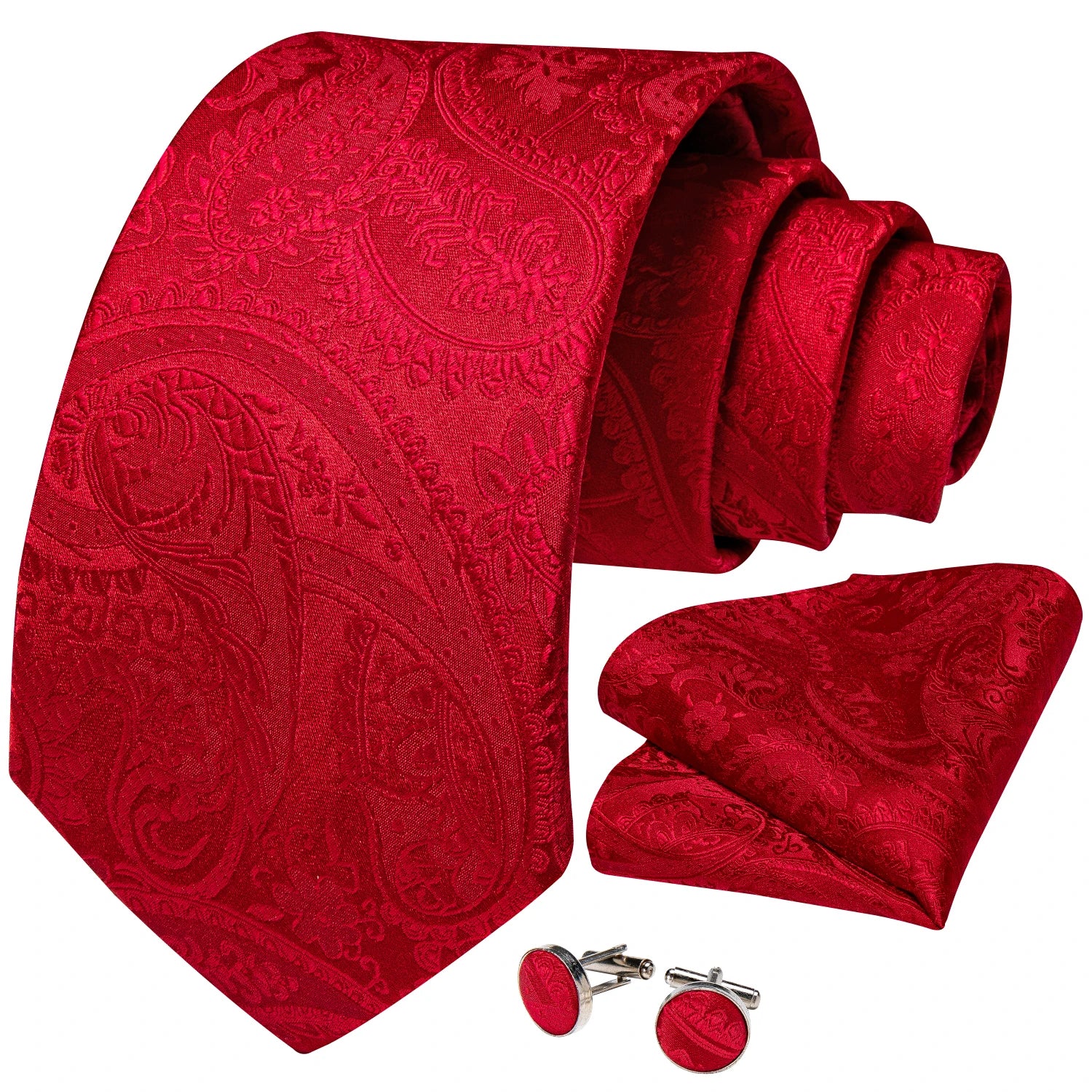 Red  Solid Striped Paisley Neckties Hanky Cufflinks Set For Men