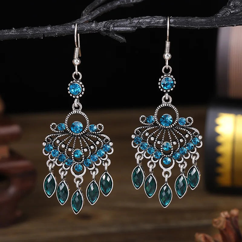 Bohemian Ethnic Long Blue Acrylic Crystal Water Drop Earrings