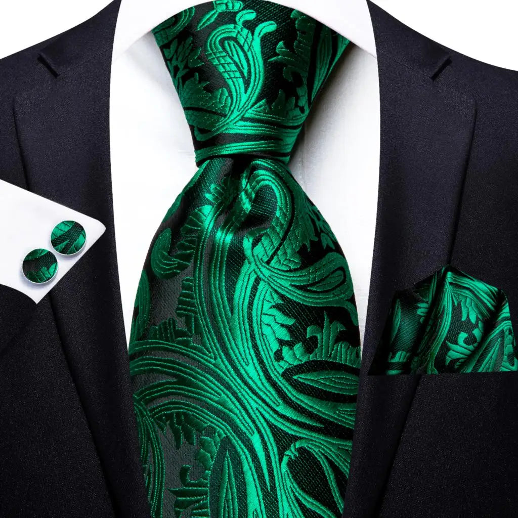 Men Green Ties Floral Tie Paisley Silk Necktie Pocket Square Set