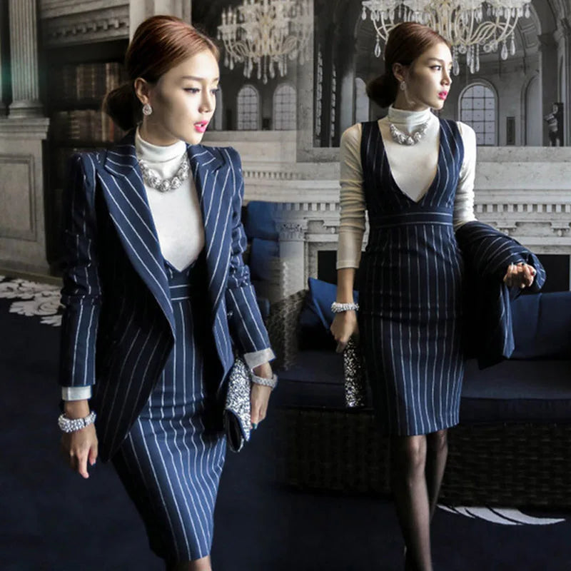 Autumn women Suit Blazers and jackets + Striped sleeveless Dress two piece set