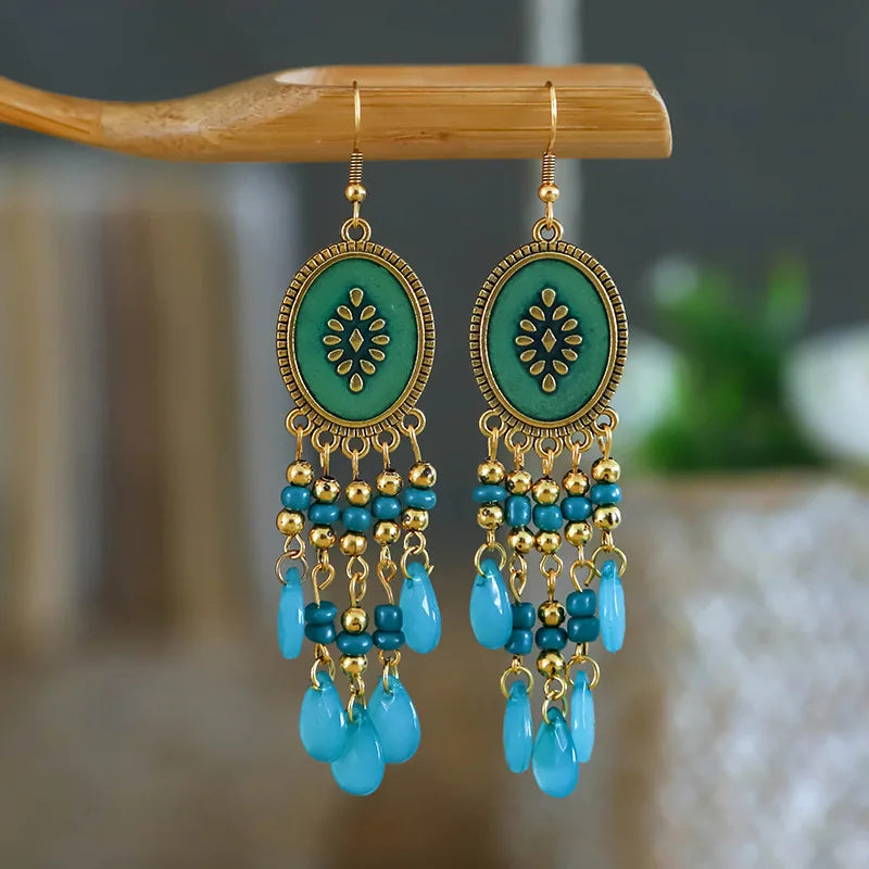 Bohemian Ethnic Long Blue Acrylic Crystal Water Drop Earrings