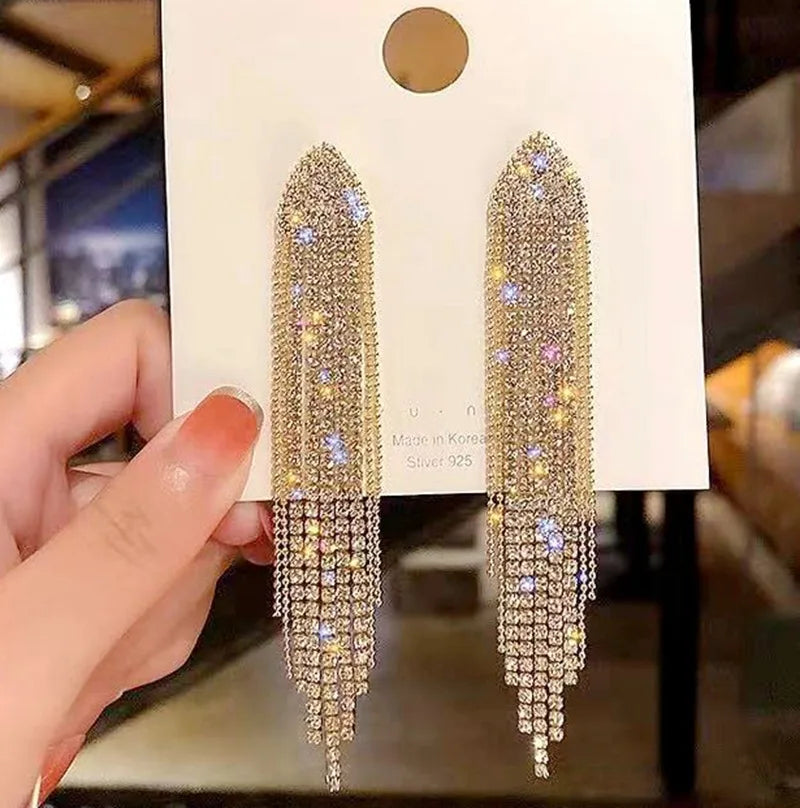 Clear Rhinestone Long Tassel Earrings