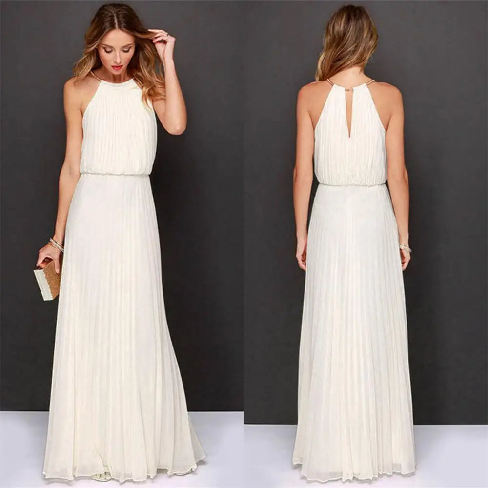 Summer Sexy  Sleeveless Elegant Casual Pleated Chiffon Maxi Dress