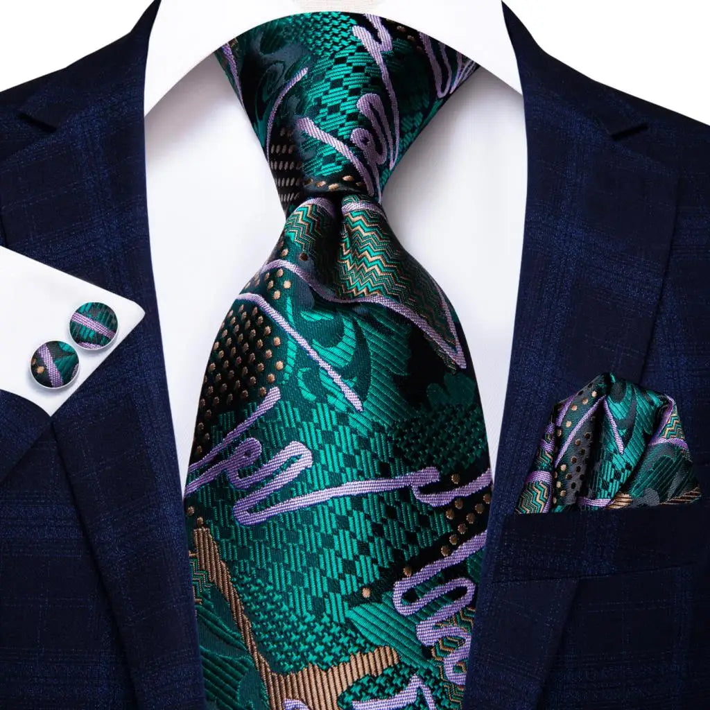 Men Green Ties Floral Tie Paisley Silk Necktie Pocket Square Set