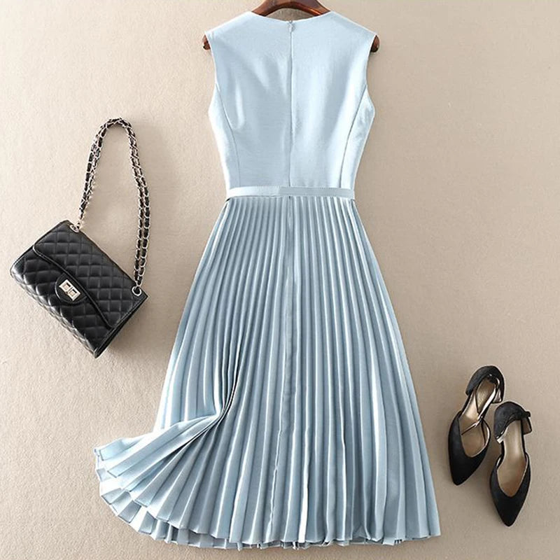 Spring Summer Elegant Midi Tank Sleeveless Pleated Dress