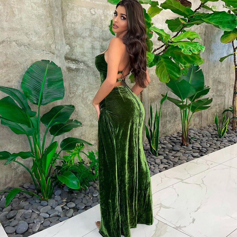 Solid Lace Up  Side Slit Backless Velvet Maxi Dress