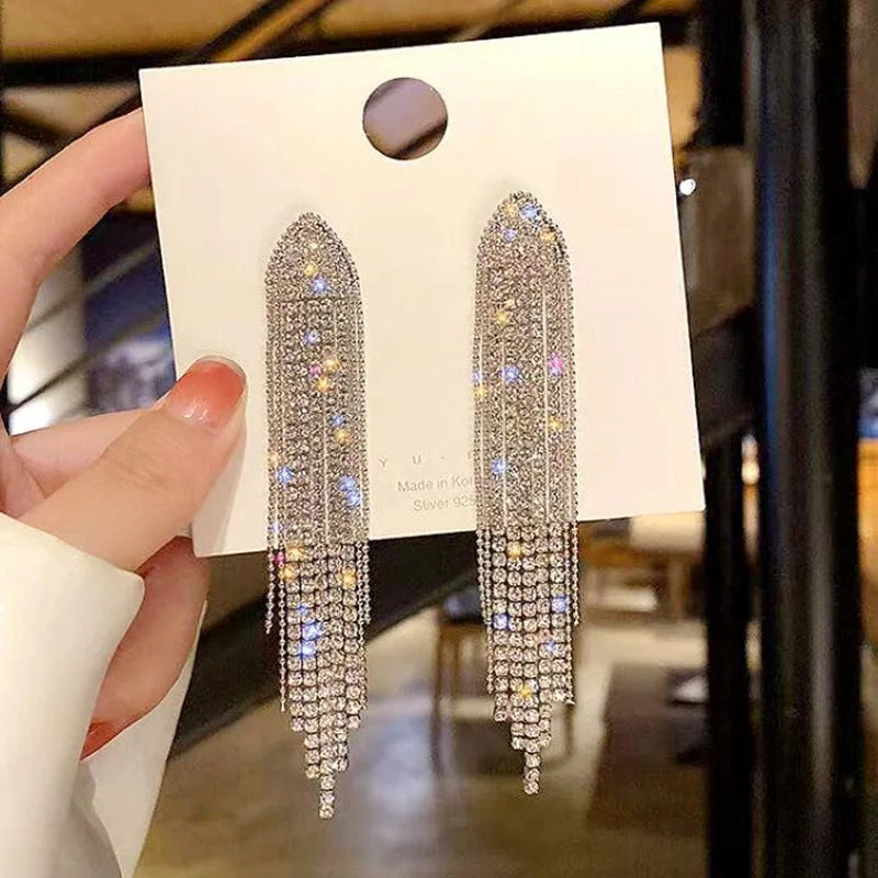 Clear Rhinestone Long Tassel Earrings