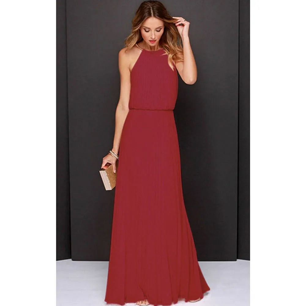 Summer Sexy  Sleeveless Elegant Casual Pleated Chiffon Maxi Dress