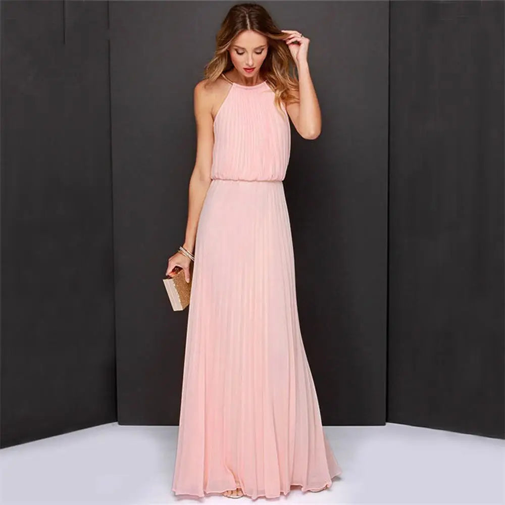 Summer Sexy  Sleeveless Elegant Casual Pleated Chiffon Maxi Dress