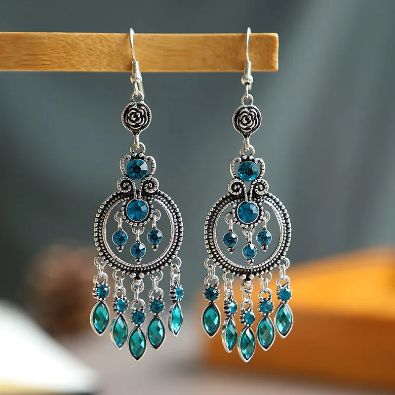 Bohemian Ethnic Long Blue Acrylic Crystal Water Drop Earrings