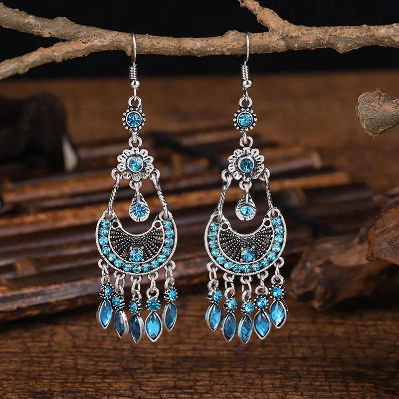 Bohemian Ethnic Long Blue Acrylic Crystal Water Drop Earrings