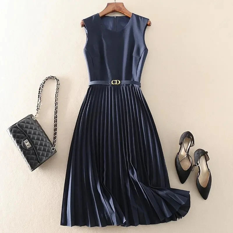 Spring Summer Elegant Midi Tank Sleeveless Pleated Dress