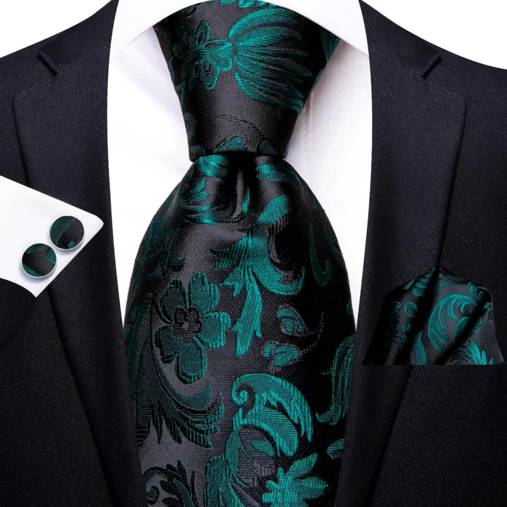 Men Green Ties Floral Tie Paisley Silk Necktie Pocket Square Set