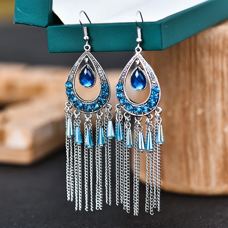 Bohemian Ethnic Long Blue Acrylic Crystal Water Drop Earrings