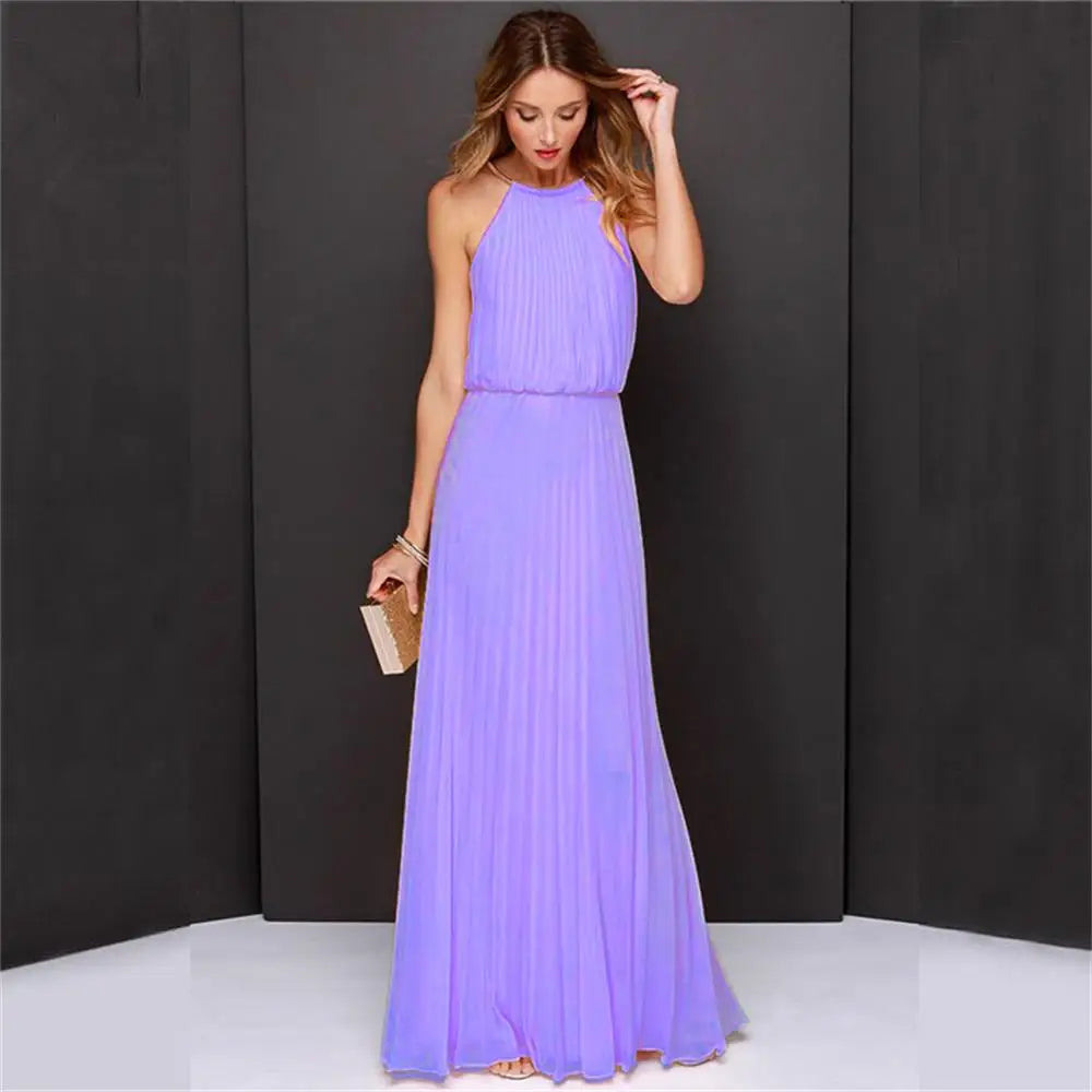 Summer Sexy  Sleeveless Elegant Casual Pleated Chiffon Maxi Dress