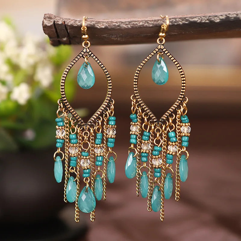 Bohemian Ethnic Long Blue Acrylic Crystal Water Drop Earrings