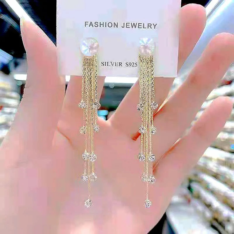 Clear Rhinestone Long Tassel Earrings