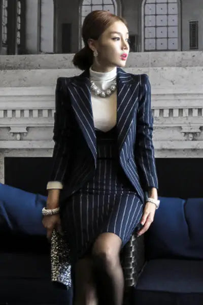 Autumn women Suit Blazers and jackets + Striped sleeveless Dress two piece set