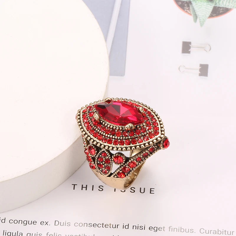 Women Vintage Look AAA Red Crystal Boho Gold Color Charm Ethnic Wedding Ring