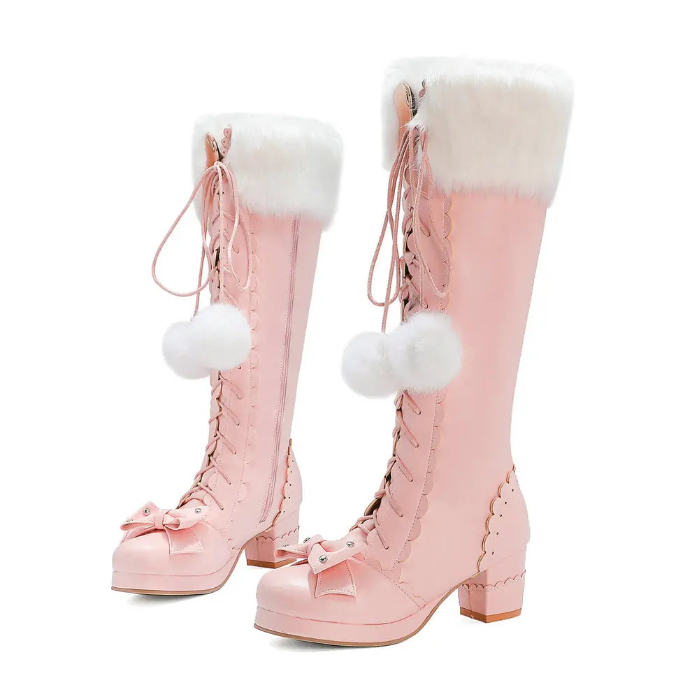 Winter Warm Fur Neck Girls Cosplay Lace Up Bowtie Chunky Heel Side Zipper Boot