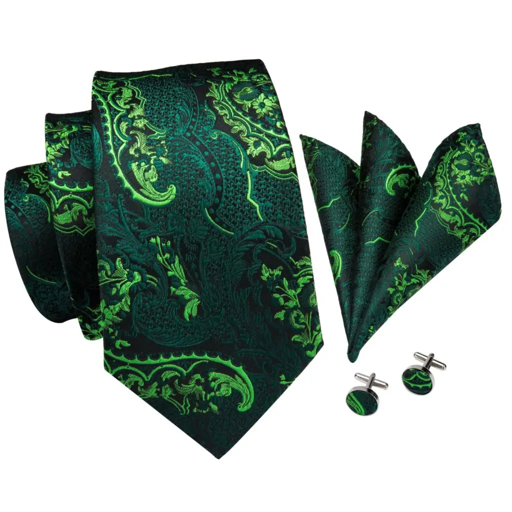 Men Green Ties Floral Tie Paisley Silk Necktie Pocket Square Set