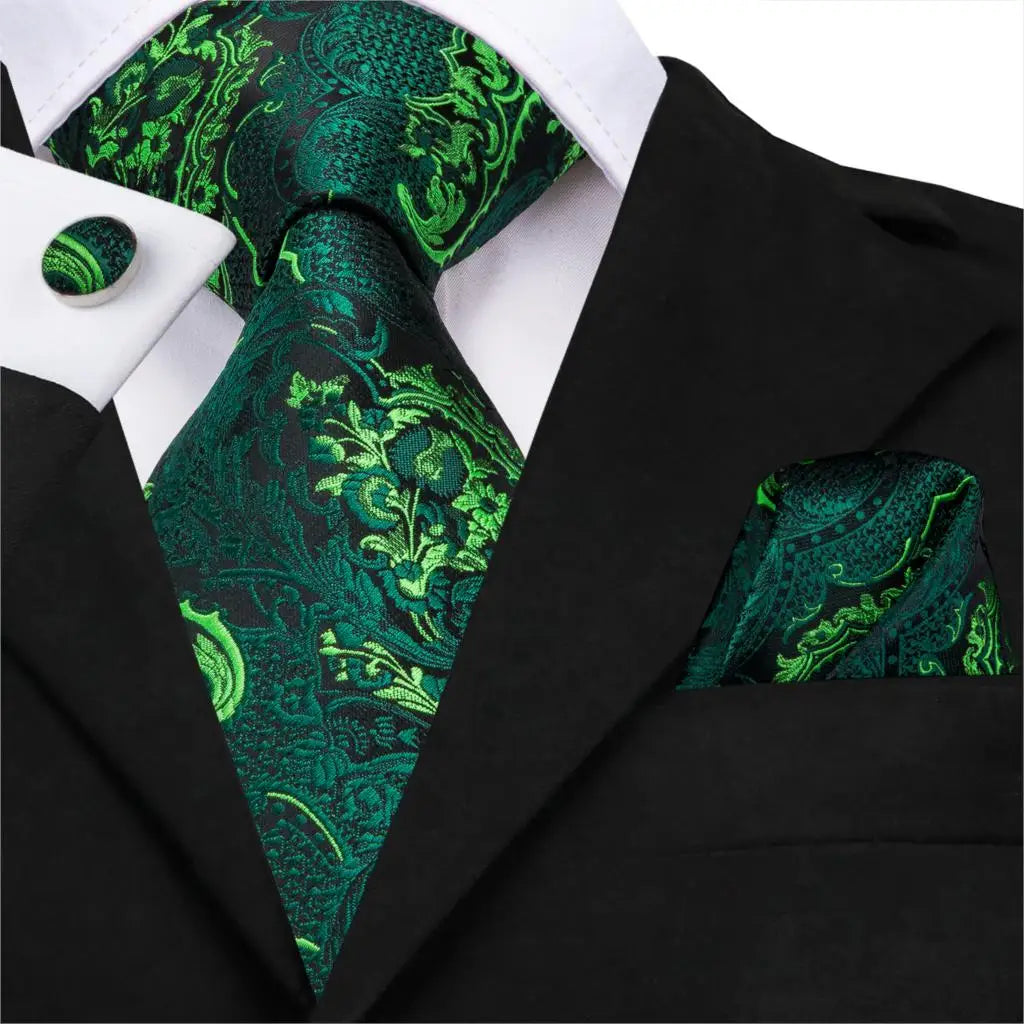 Men Green Ties Floral Tie Paisley Silk Necktie Pocket Square Set