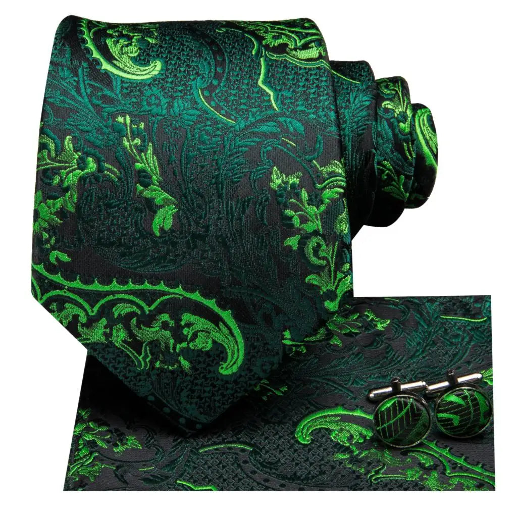 Men Green Ties Floral Tie Paisley Silk Necktie Pocket Square Set