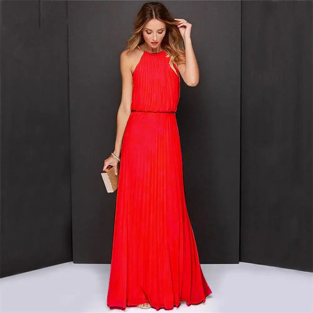 Summer Sexy  Sleeveless Elegant Casual Pleated Chiffon Maxi Dress