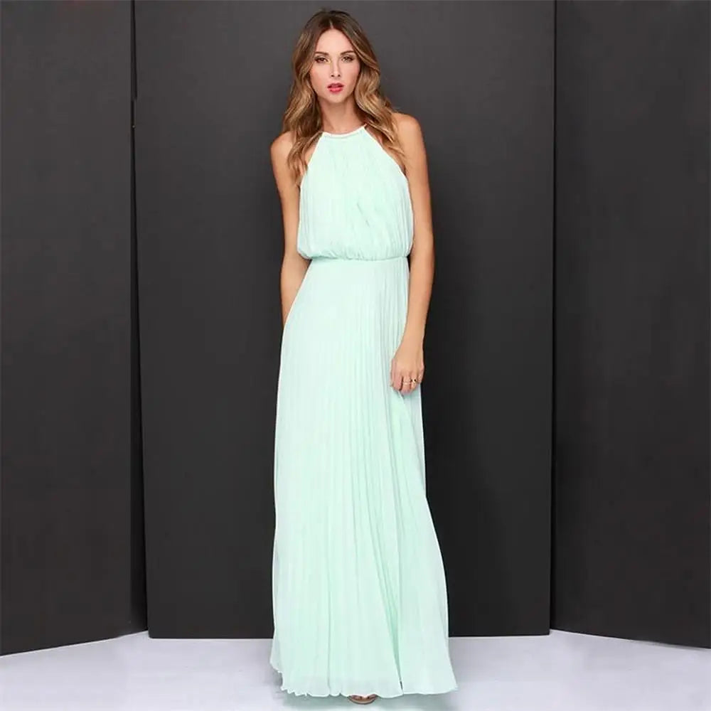 Summer Sexy  Sleeveless Elegant Casual Pleated Chiffon Maxi Dress