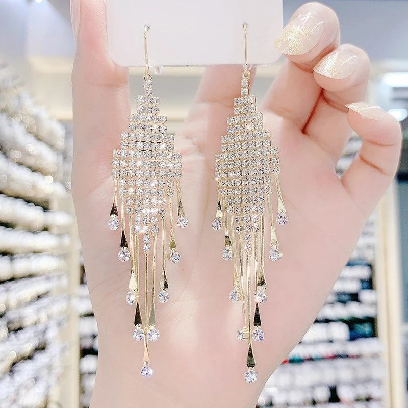 Clear Rhinestone Long Tassel Earrings