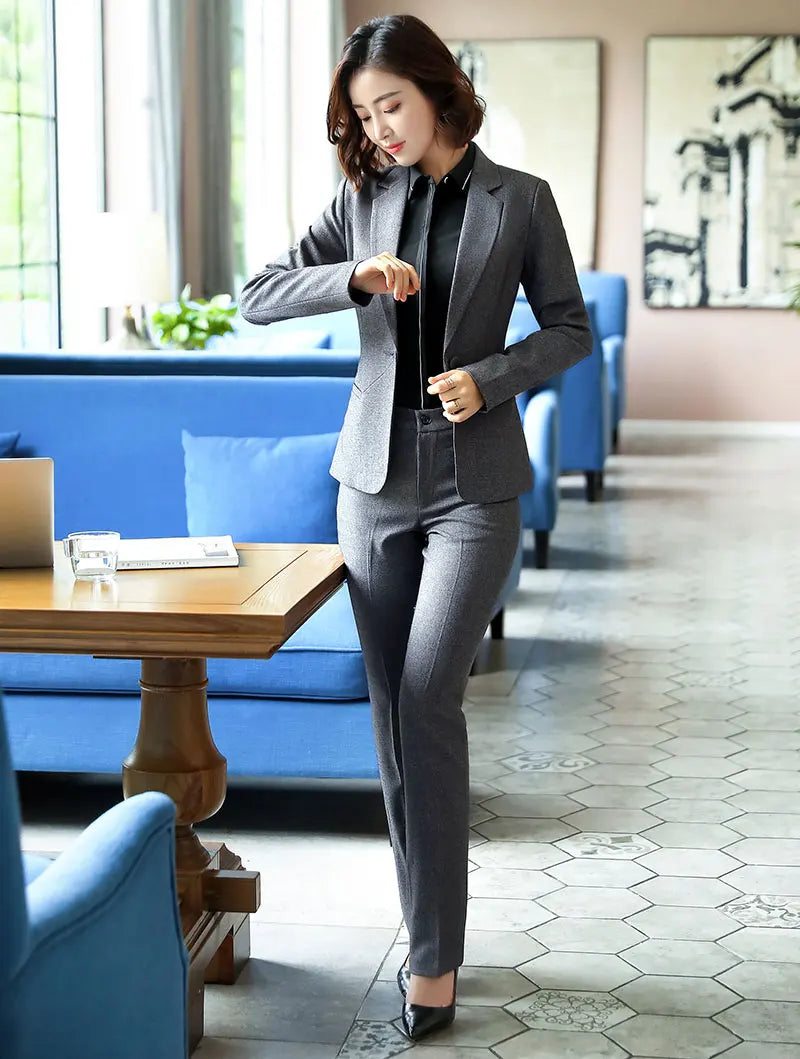 Women Business Suits Black And Grey Elegant Office Lady Work Formal Pants Suits